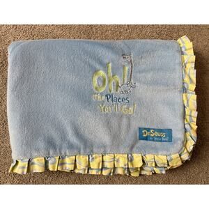 Oh the places You'll go Dr Seuss blue baby blanket - crib - minky - ruffle edge